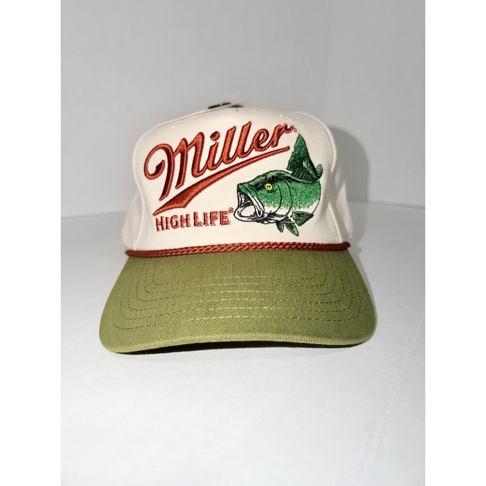 Miller High Life Bass Fishing Snapback Hat Cream Green Vintage Style Rope Hat